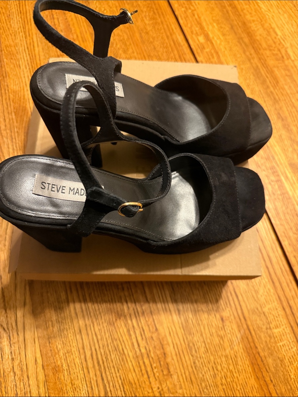 Steve Madden Black Suede Platform Block Heel Sandals with‎ Ankle Strap